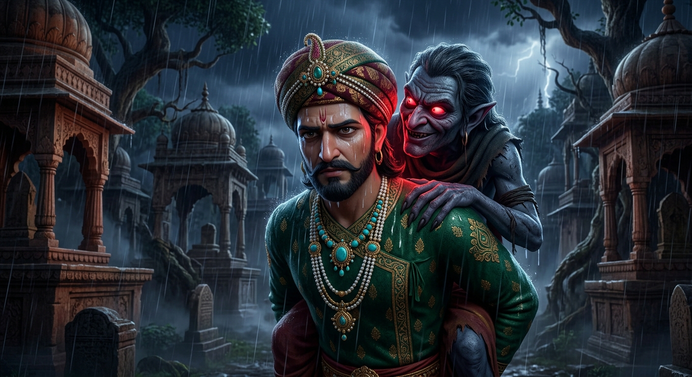 [AI Prompt: Close-up of Betal with glowing crimson eyes whispering into Vikramaditya's ear in the dark stormy cemetery]
