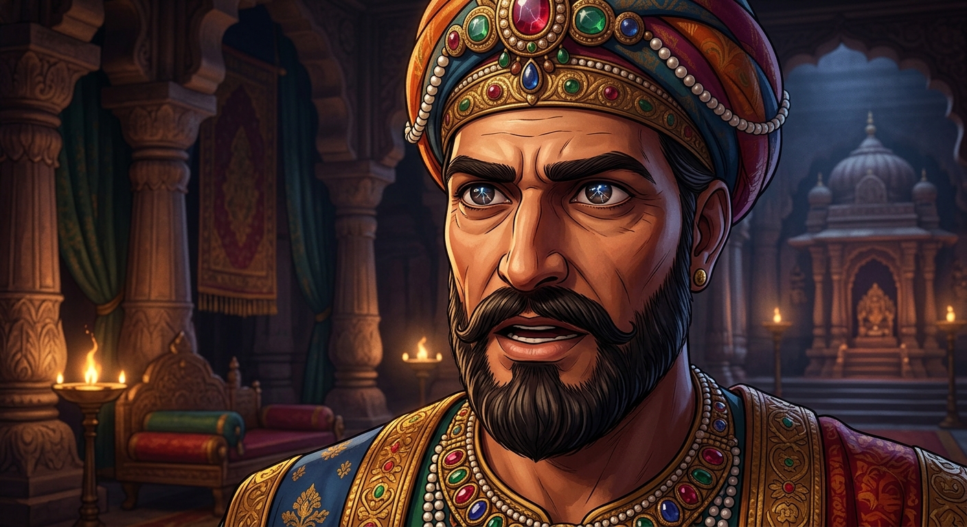 [AI Prompt: Majestic close-up of Emperor Vikramaditya speaking with deep philosophical wisdom, lightning reflecting in his resolute eyes]