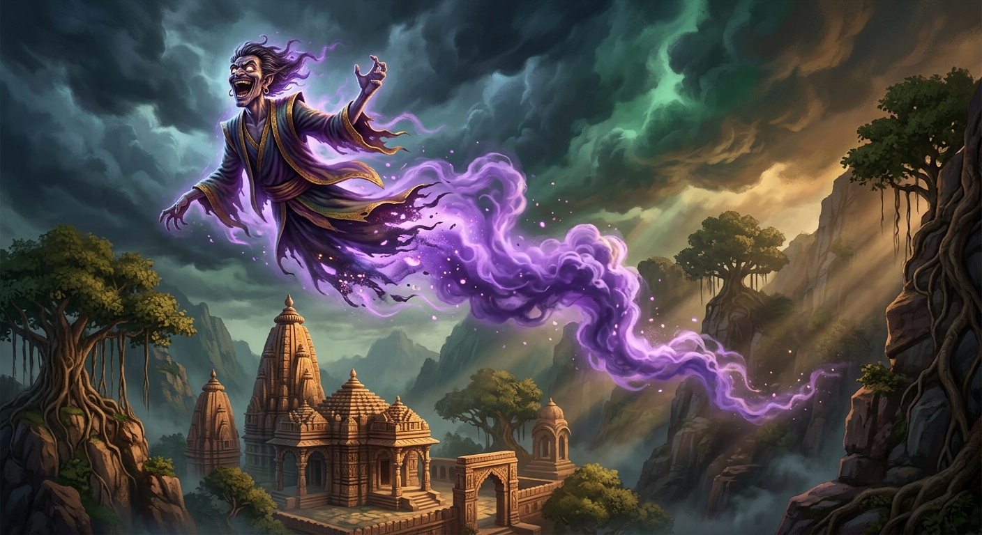 [AI Prompt: Dynamic shot, Betal cackling wildly as his ghost form dissolves into violet smoke, soaring high into the stormy sky]