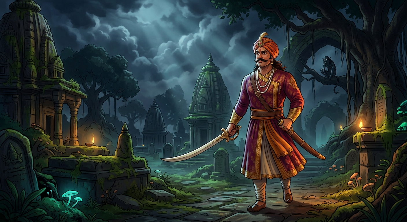 [AI Prompt: Wide shot, King Vikramaditya gripping the hilt of his sword, marching back into the dark cemetery for the 24th capture]