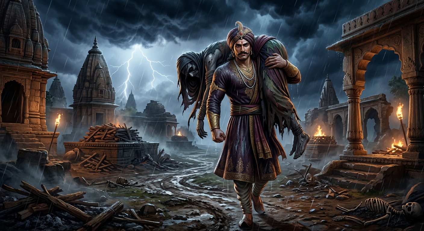 [AI Prompt: Cinematic wide angle, stormy midnight cremation grounds with ink-black skies and roaring thunder, King Vikramaditya carrying the corpse Betal across his muscular shoulder with calm sovereign dignity, dark fantasy Indian comic art style]