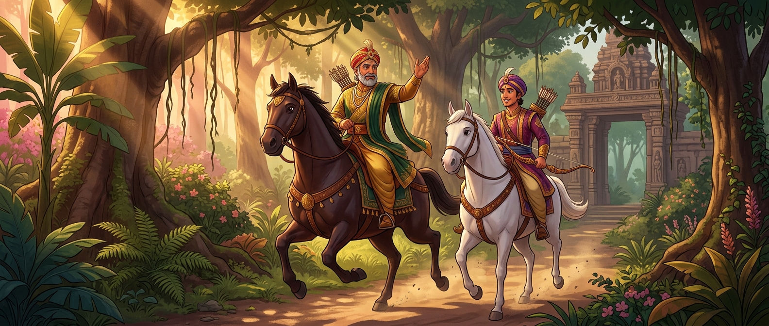 [AI Prompt: Wide panoramic shot, King Dharmasena and Prince Lavanyavardhana riding majestic warhorses through a lush sun-drenched forest on a royal hunt]