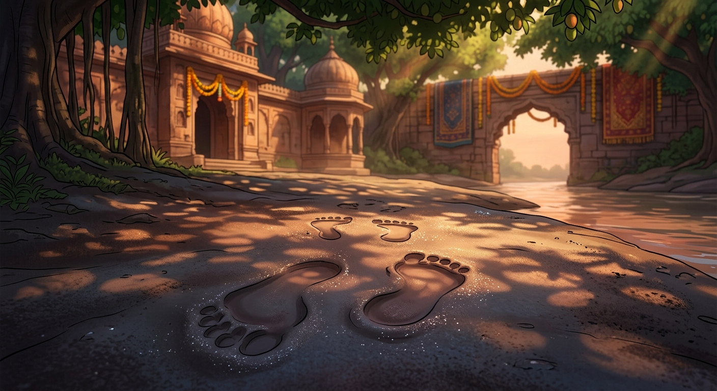 [AI Prompt: Close-up low angle shot, two distinct fresh sets of delicate female footprints pressed into the soft damp river sand, dappled forest sunlight]