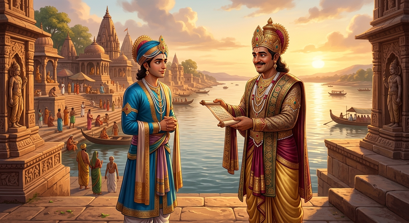 [AI Prompt: Medium shot, King Dharmasena smiling and proposing the solemn vow to Prince Lavanyavardhana beside the riverbank]
