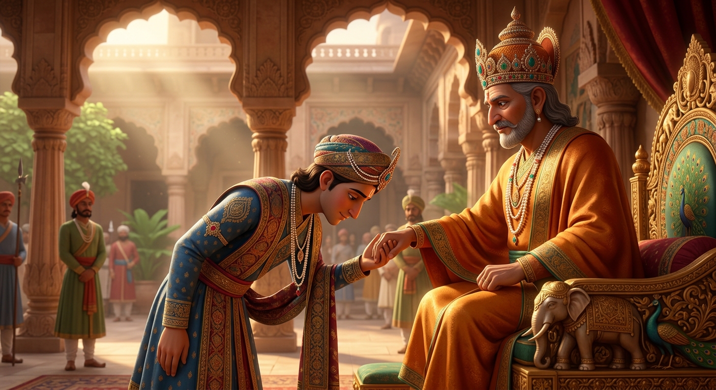 [AI Prompt: Prince Lavanyavardhana bowing respectfully, touching his father's hand in solemn acceptance of the royal pledge]