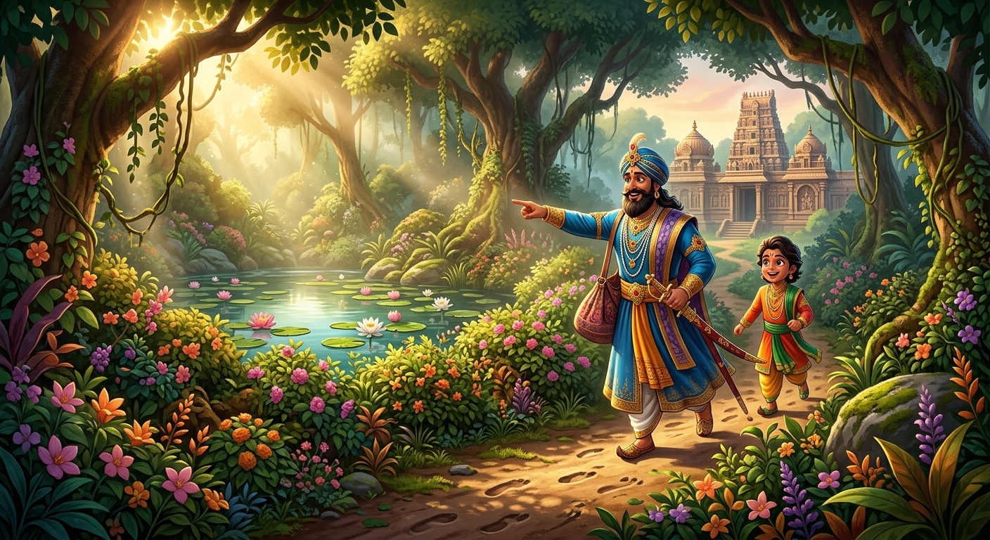 [AI Prompt: Dynamic shot, King and Prince following the tracks through thick flowering bushes toward a hidden lotus pool]