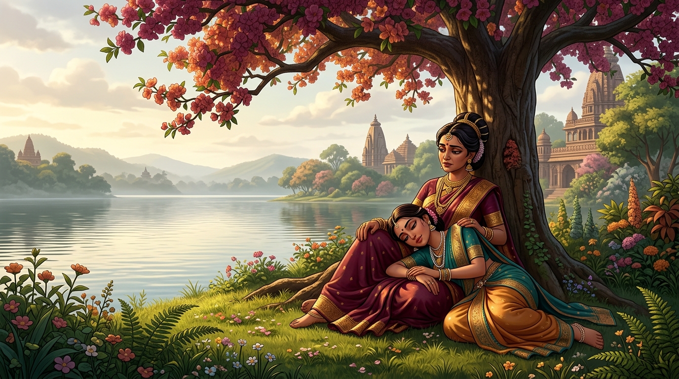 [AI Prompt: Wide shot, two noble royal women in disheveled silk garments resting under a flowering tree by the water, Queen Chandravati and Princess Lavanyavati]