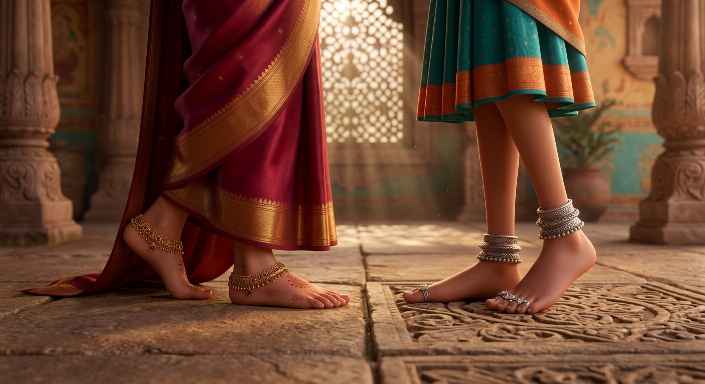 [AI Prompt: Close-up of feet, Queen mother Chandravati having remarkably small, petite, delicate feet, and young daughter Princess Lavanyavati having tall, slender, large feet]
