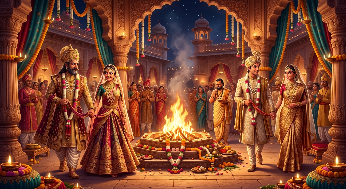 [AI Prompt: Grand double wedding in the royal palace, King Dharmasena marrying young Princess Lavanyavati, Prince Lavanyavardhana marrying Queen Mother Chandravati around sacred flames]
