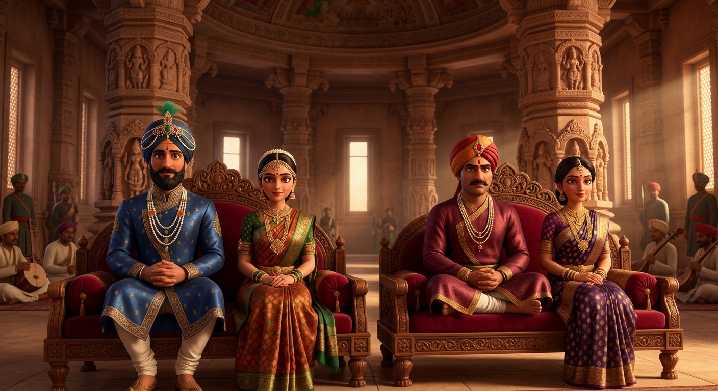 [AI Prompt: Medium shot, the two royal couples sitting together in the royal assembly hall, respectful and bound by royal protocol]