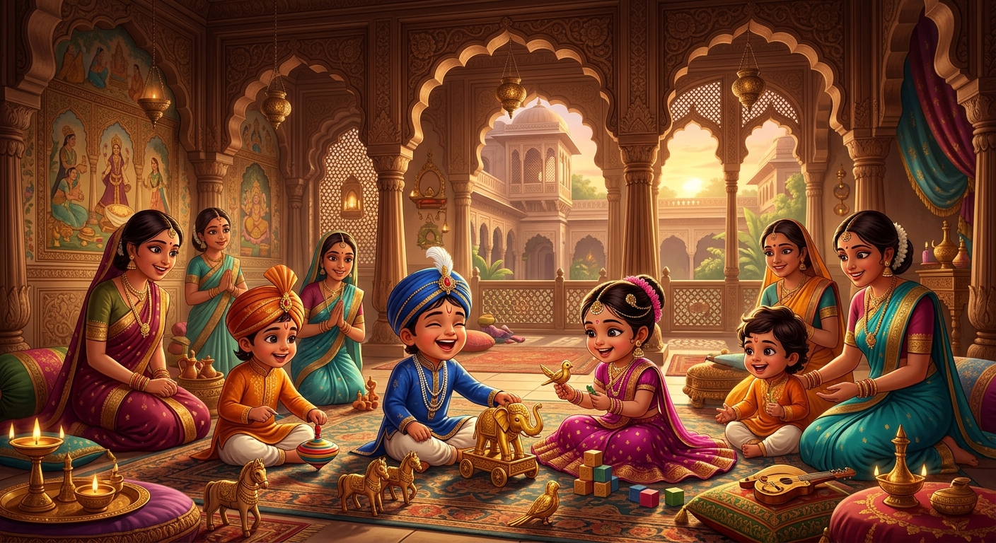 [AI Prompt: Opulent palace nursery, several young princes and princesses playing happily with golden toys, surrounded by nursemaids]