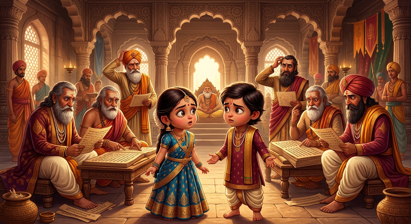 [AI Prompt: Close-up of two young children looking at each other in innocent confusion while court pandits scratch their heads over genealogies]