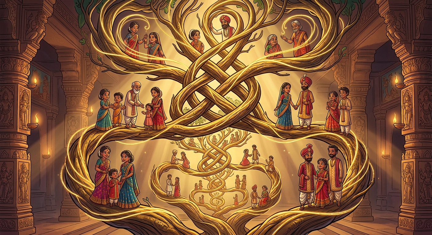 [AI Prompt: Intricate symbolic visual diagram of recursive family tree branches wrapping around each other like an eternal knot, mystical glowing golden threads]