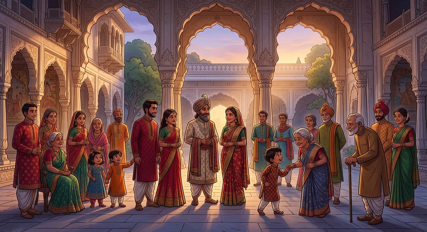[AI Prompt: Wide shot, the entire extended royal family standing together in the marble court, looking at one another in paradoxical harmony]