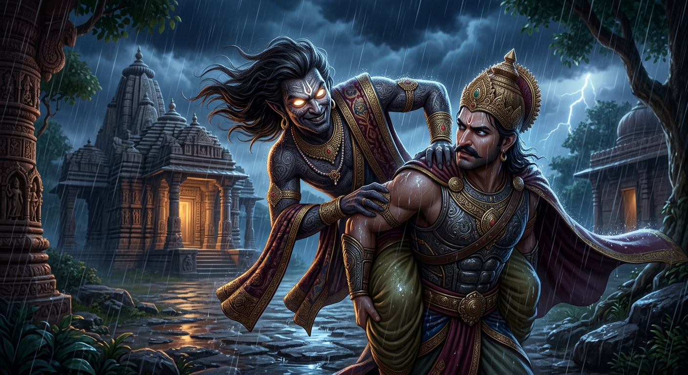 [AI Prompt: Close-up of Betal leaning from Vikram's shoulder, eyes blazing with supernatural challenge in the midnight tempest, rain streaming down]