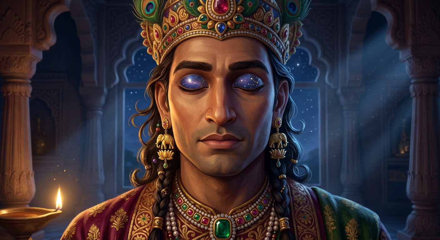 [AI Prompt: Majestic close-up of Emperor Vikramaditya's face, deep intellectual concentration, supreme inner composure, lips firmly closed, eyes reflecting cosmic stillness]
