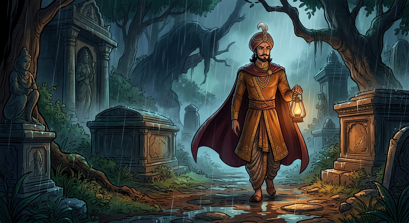 [AI Prompt: King Vikramaditya walking steadily through the rain-soaked cemetery, lips sealed with profound enlightenment, absolute stillness of mind]