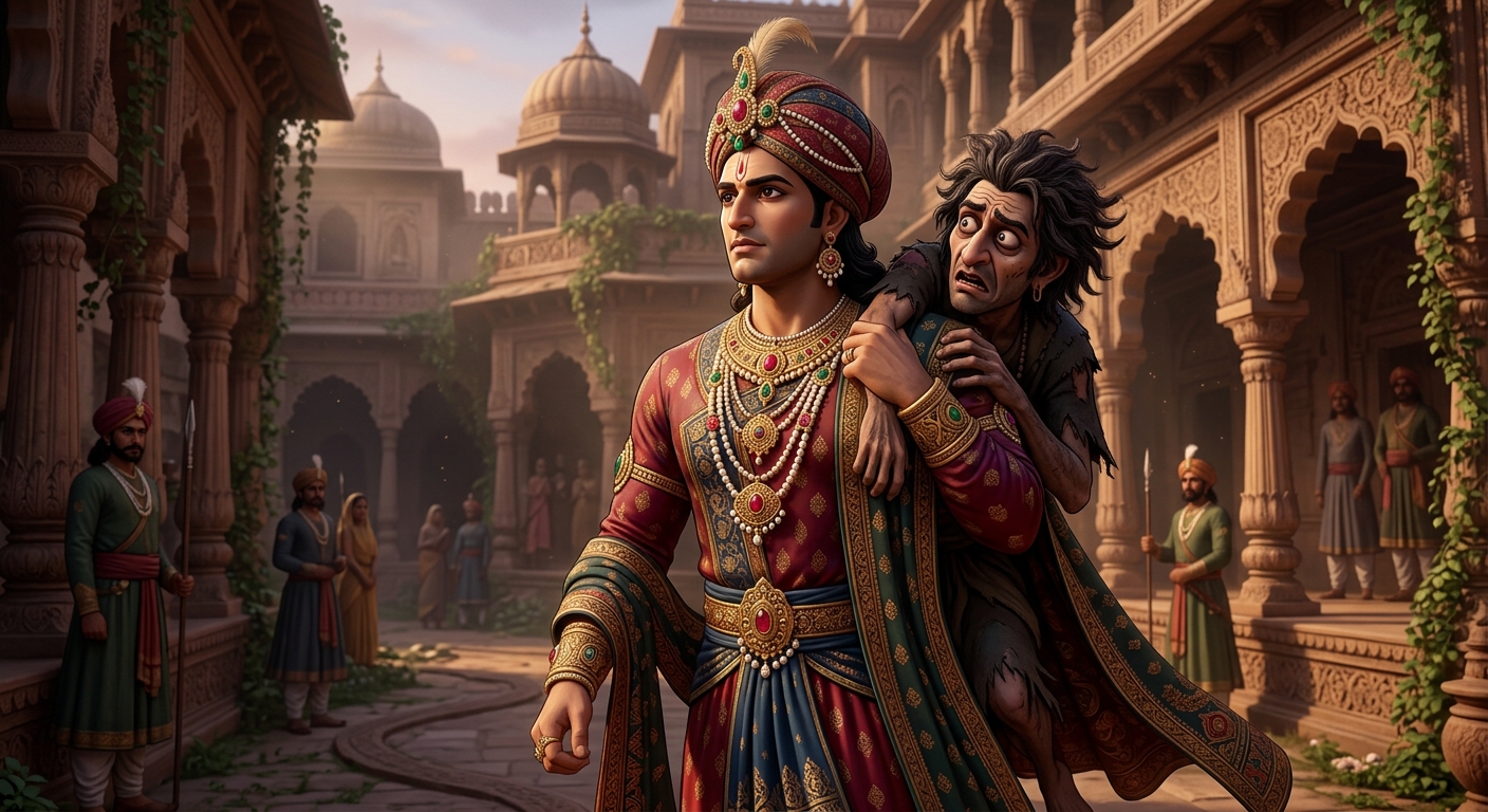 [AI Prompt: Medium shot, Emperor Vikramaditya marching forward in majestic, unbroken, unwavering silence, Betal looking bewildered on his shoulder]