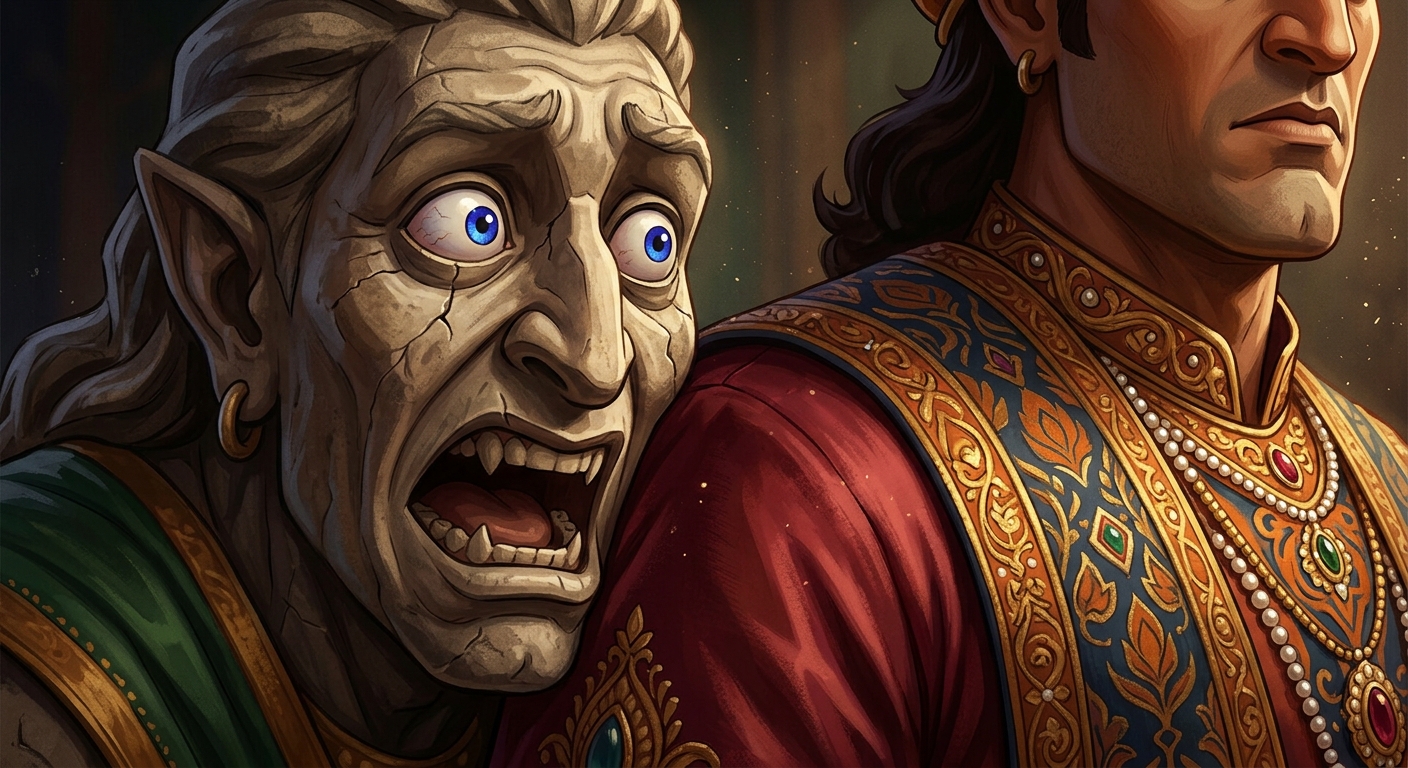 [AI Prompt: Close-up of Betal's face transforming from mocking confidence into astonishment and awe, feeling trapped on the king's shoulder]