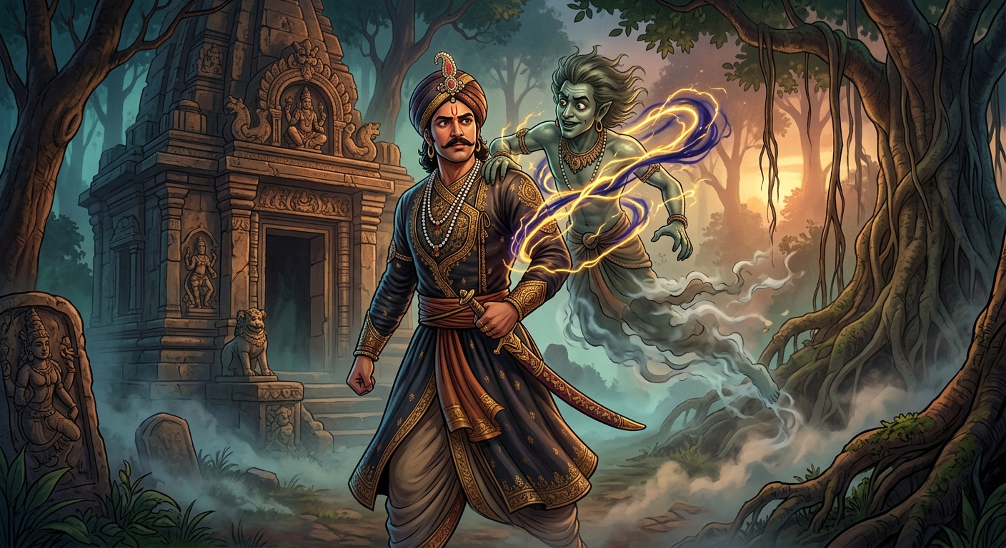 [AI Prompt: Dynamic mystical shot, magical energy locking Betal onto Vikram's shoulder, the spirit unable to fly away into smoke]