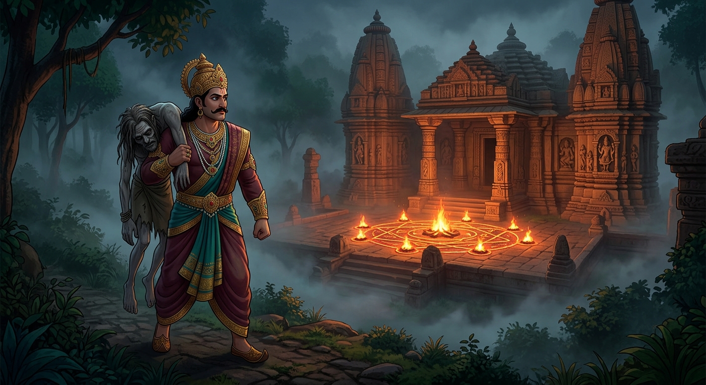 [AI Prompt: Wide shot, King Vikramaditya carrying the captive corpse, seeing the eerie glowing fires of the Tantric mandala ahead through the mist]