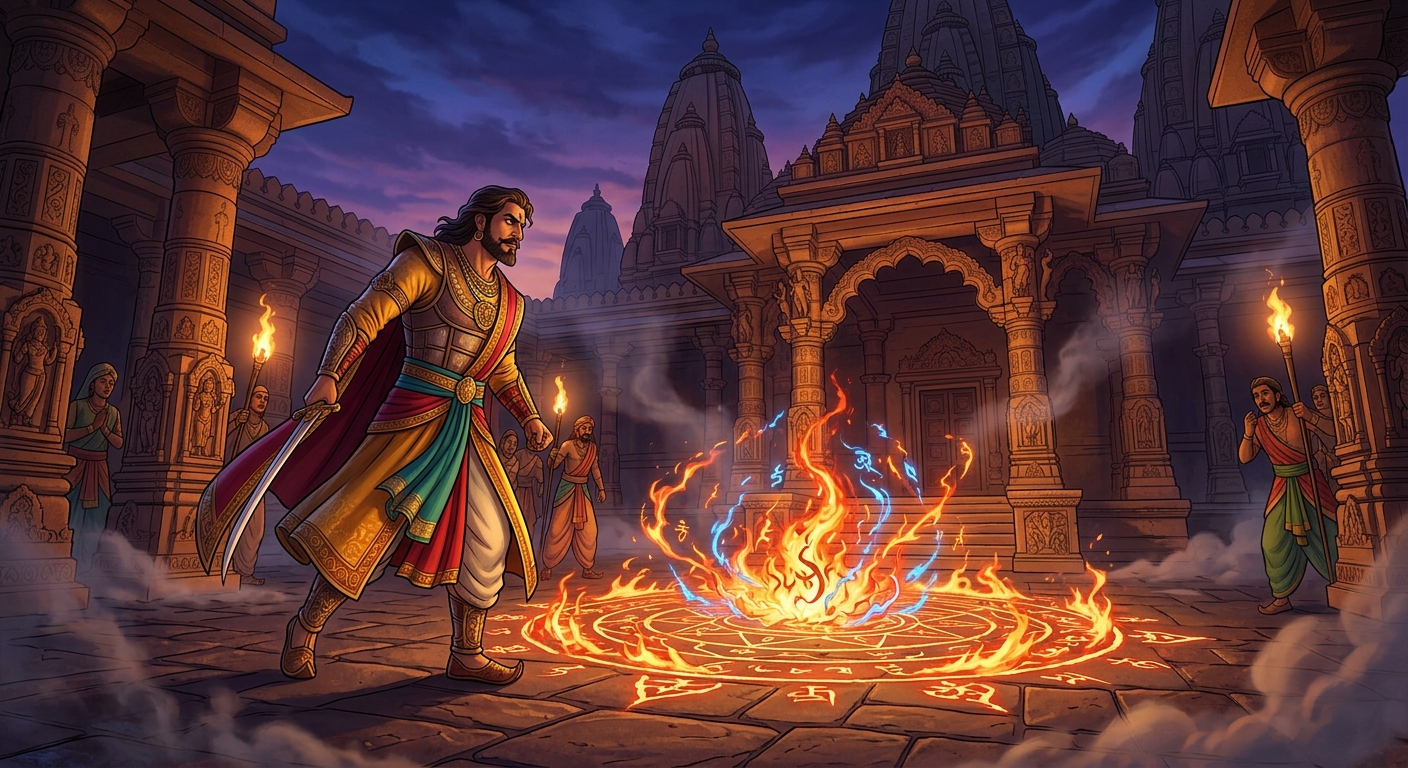 [AI Prompt: Epic low angle shot, Emperor Vikramaditya striding purposefully toward the burning Tantric mandala for the Grand Climax]