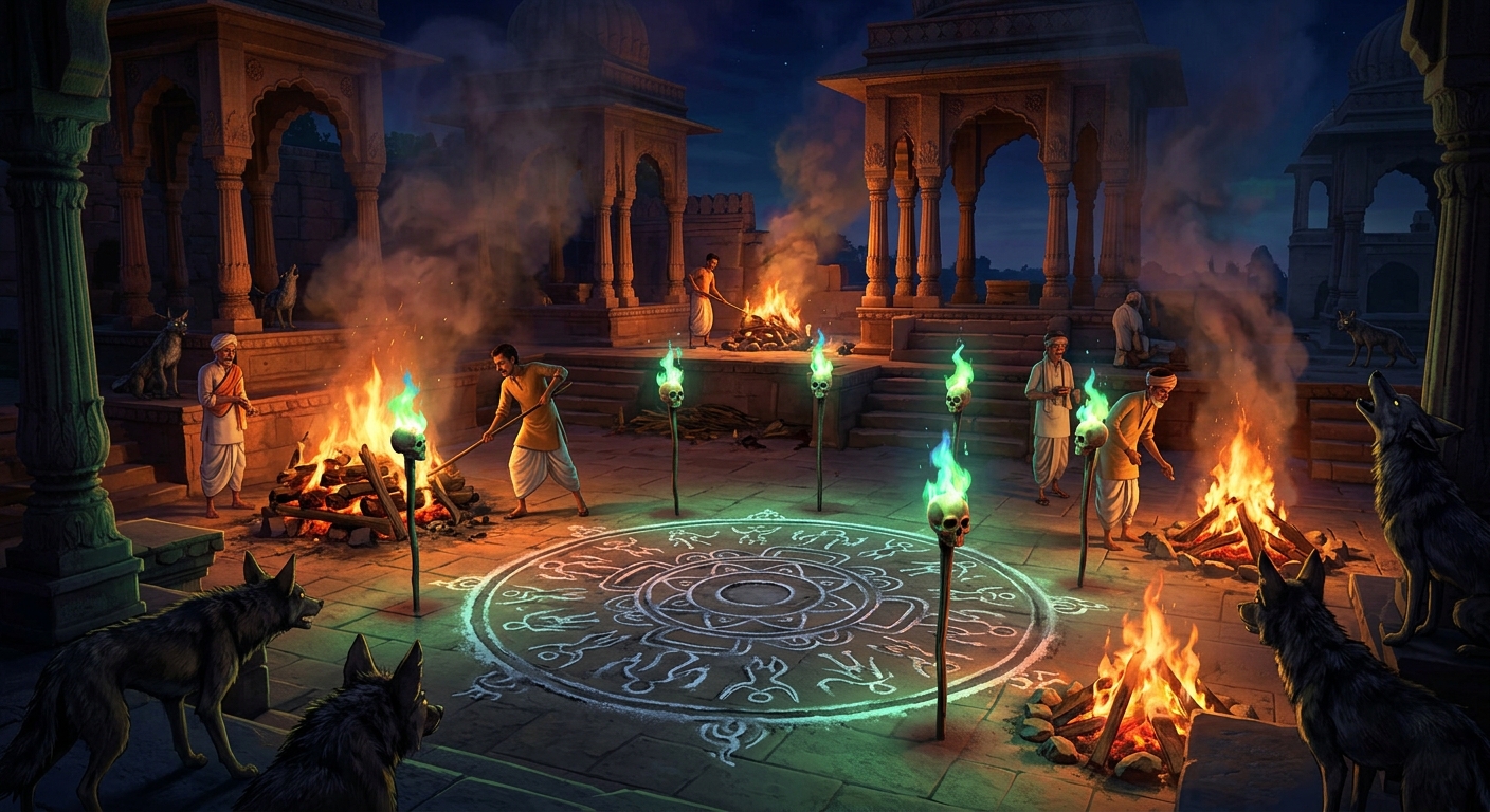 [AI Prompt: Cinematic wide angle, eerie midnight cremation ground, glowing human skull torches, burning funeral pyres, complex Tantric mandala drawn in human ash, howling jackals in the shadows, dark fantasy Indian comic art style]