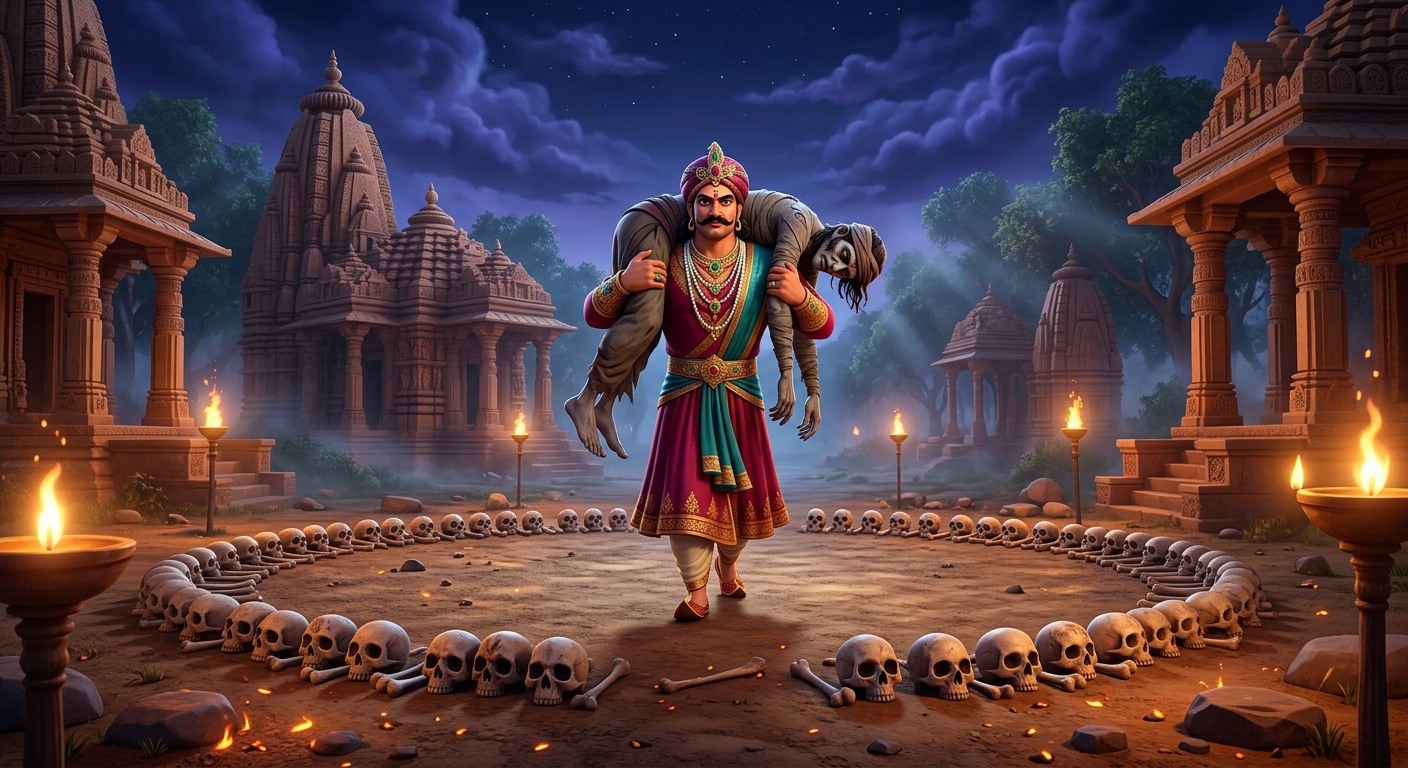 [AI Prompt: Wide shot, King Vikramaditya striding boldly into the center of the skull circle, carrying the corpse across his shoulders with sovereign majesty]