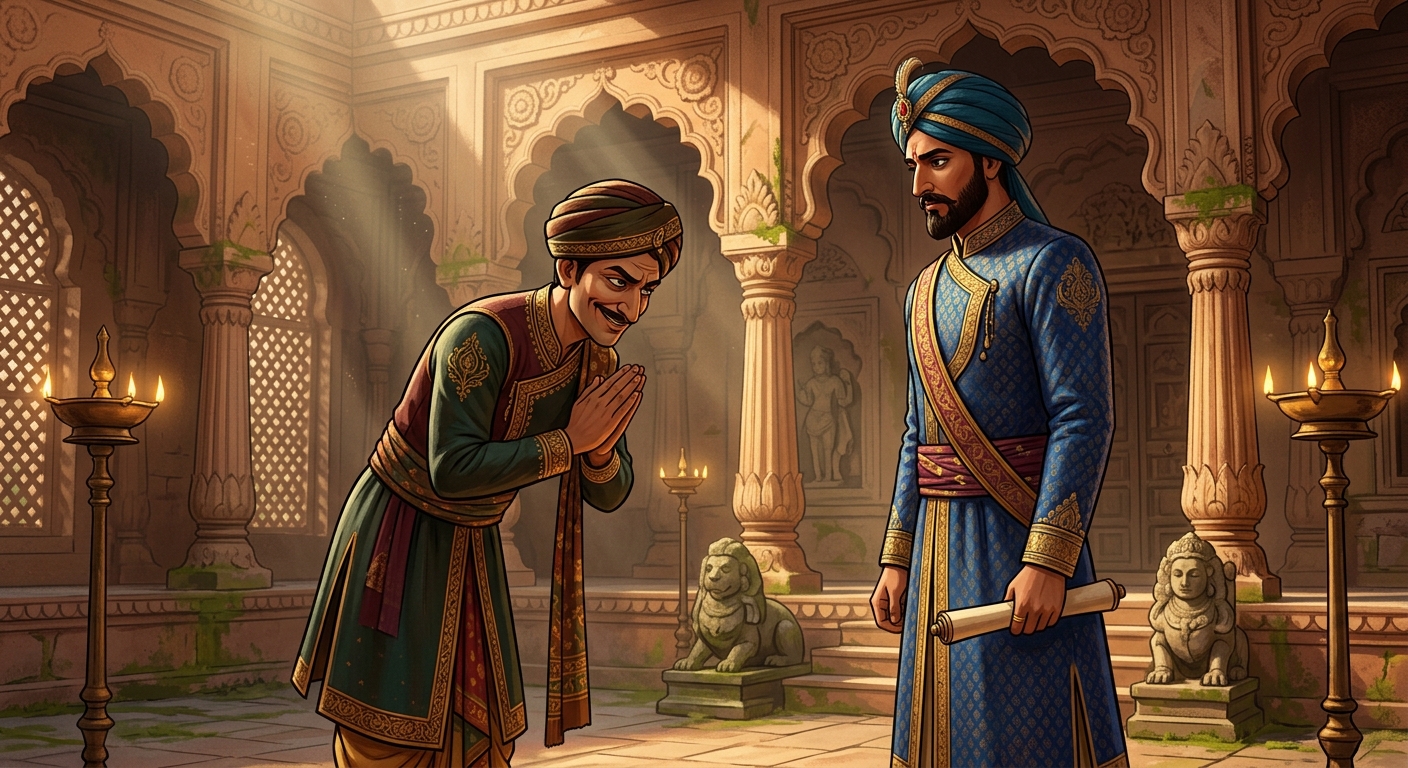 [AI Prompt: Medium shot, Shantisheel feigning profound humility with folded hands, bowing before Vikram with an insidious hypocritical smile]