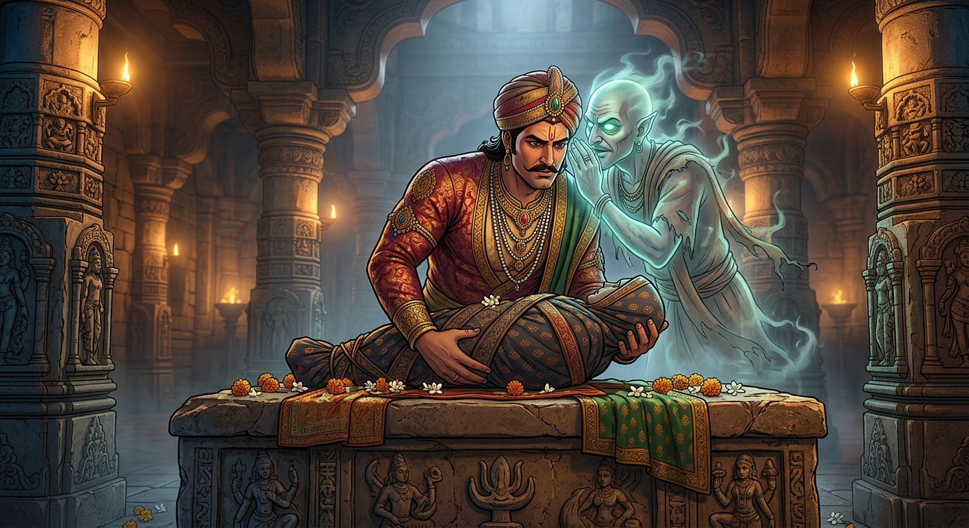 [AI Prompt: Close-up low angle shot, King Vikramaditya lowering the corpse onto the stone altar, Betal's ghost form leaning close to whisper into Vikram's ear]