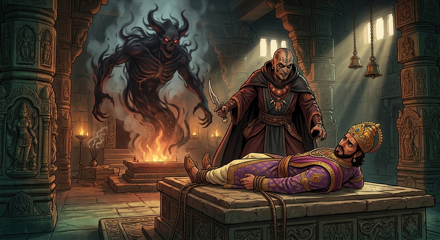 [AI Prompt: Visionary panel showing the dark monk's sinister plan: sacrificing the crowned King on the altar stone before a bloodthirsty occult spirit]