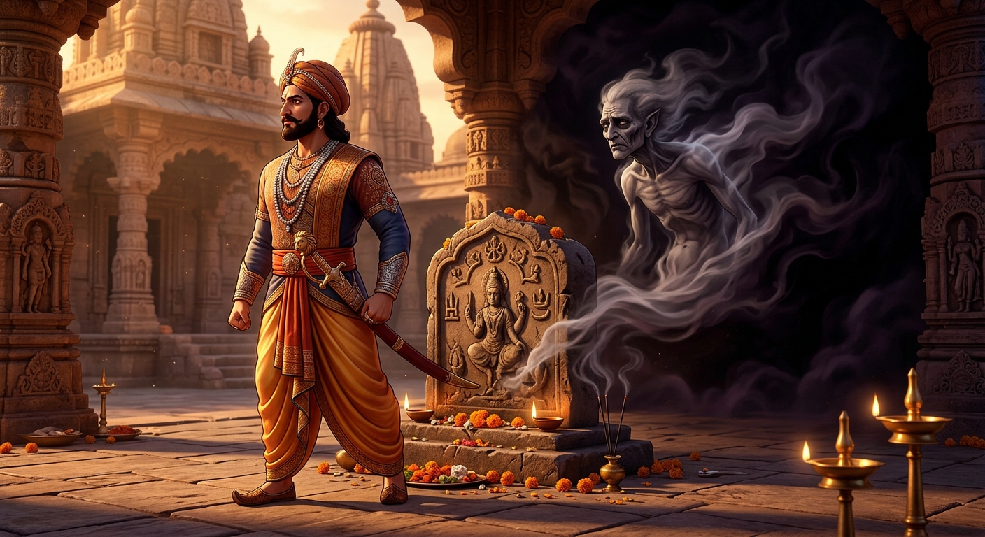 [AI Prompt: Medium shot, Betal's spirit melting into the dark shadows behind the altar stone, watching in silence as King Vikramaditya turns with iron resolve]