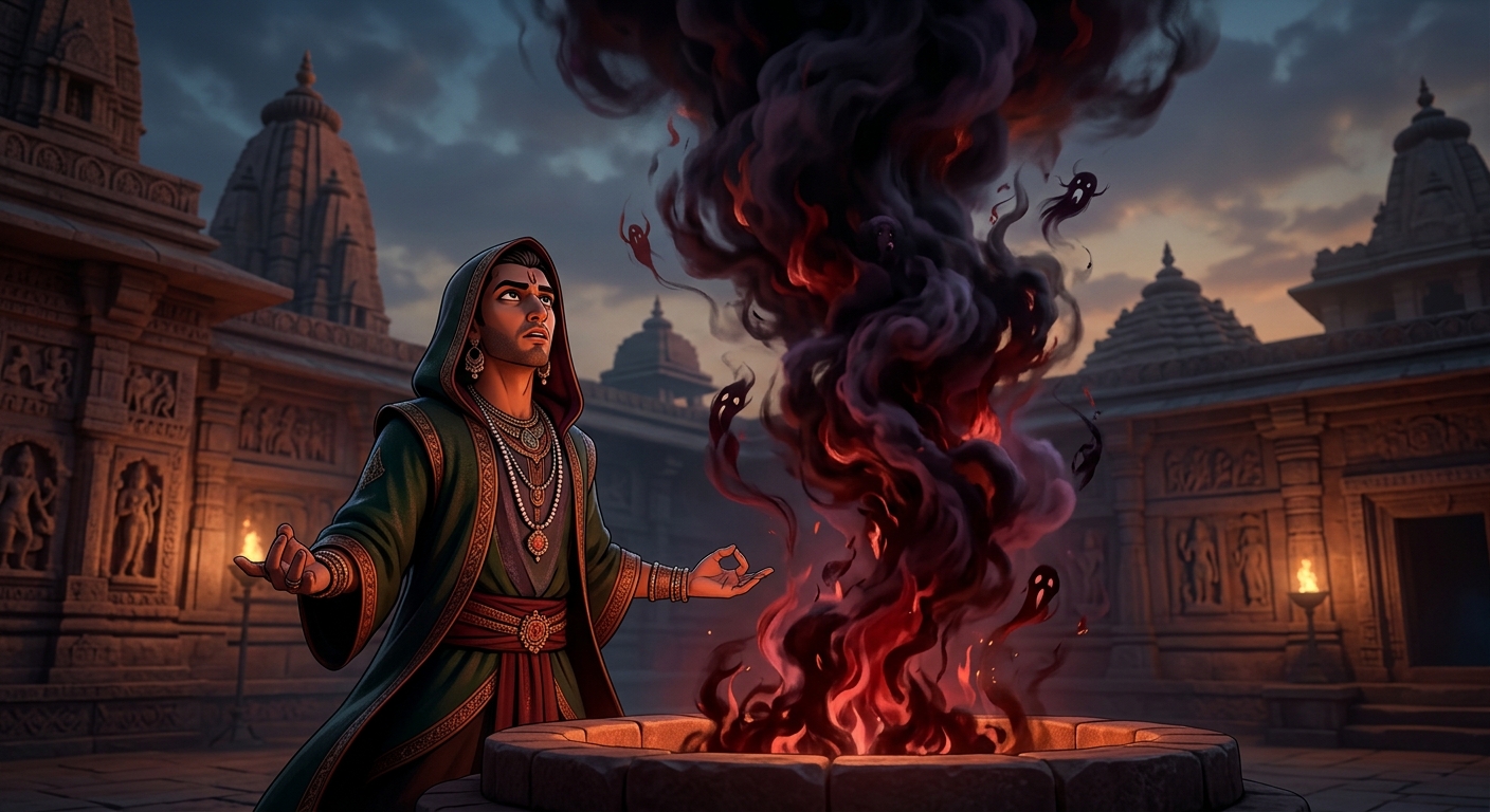 [AI Prompt: Dynamic dramatic shot, Shantisheel invoking dark spirits, black smoke and blood-red flames erupting from the sacrificial fire pit]