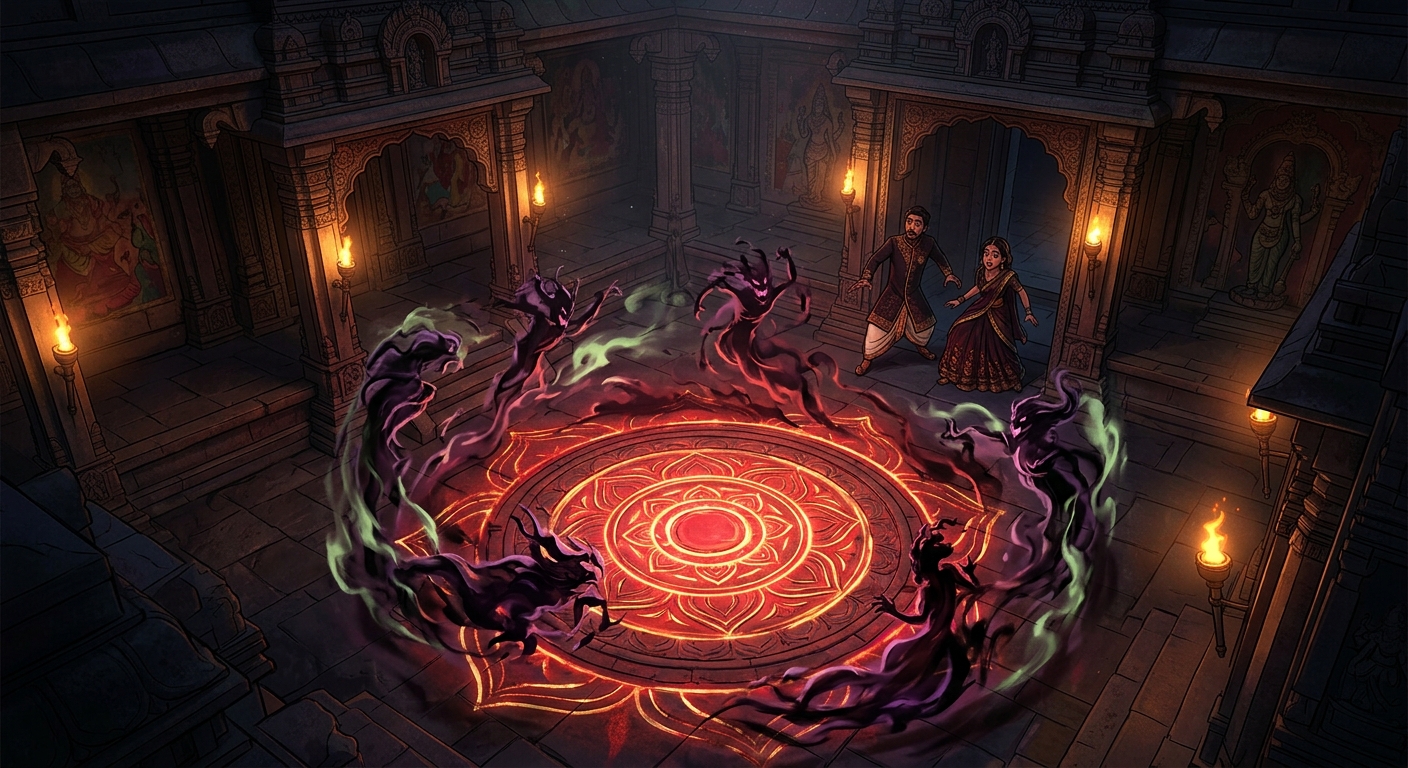 [AI Prompt: Eerie high angle shot, dark apparitions and demonic shadows dancing around the glowing crimson mandala stone]