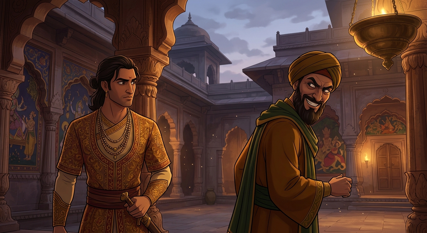 [AI Prompt: Medium shot, Shantisheel turning to King Vikramaditya with a sinister hypocritical grin, eyes flashing with lethal intent]