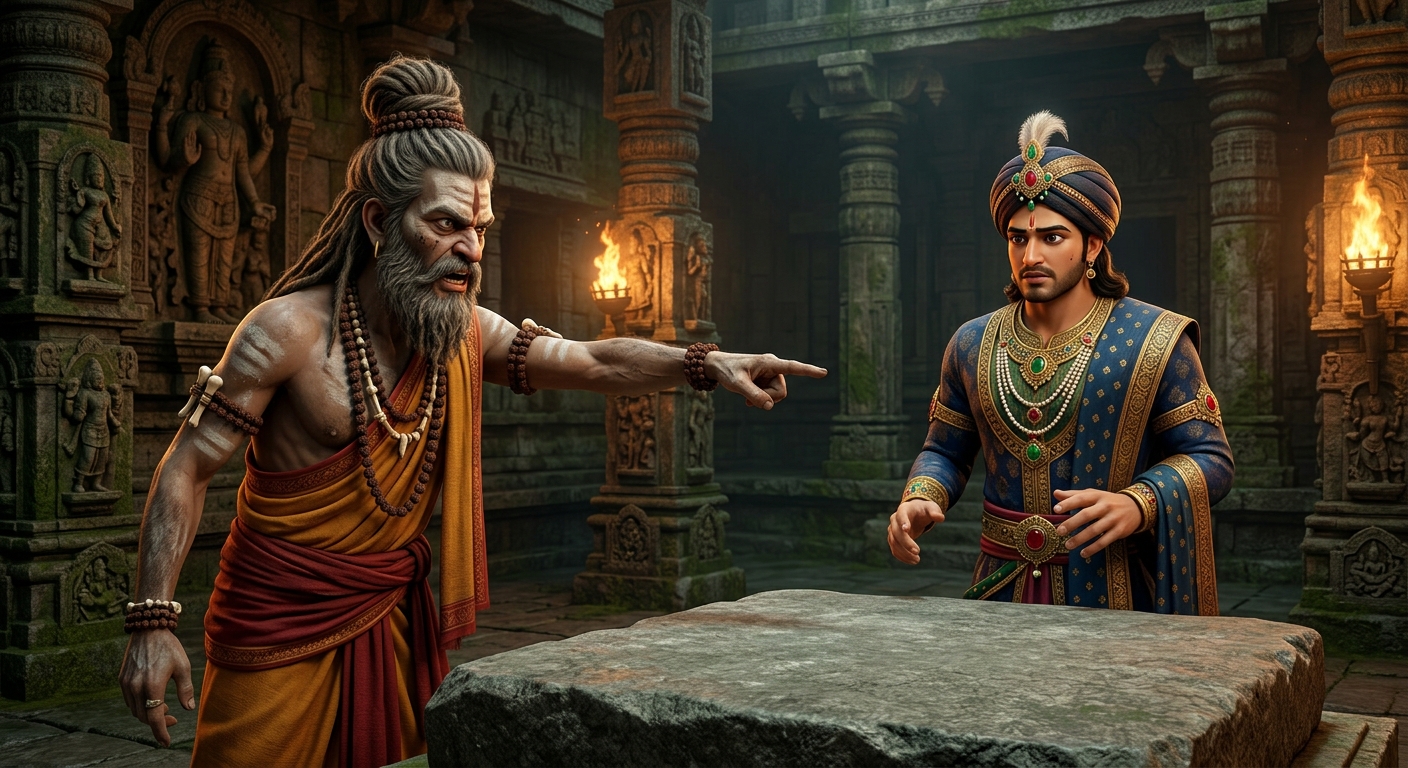 [AI Prompt: Dramatic medium close-up, Shantisheel pointing his finger toward the flat sacrificial stone, ordering the King to lie prostrate]
