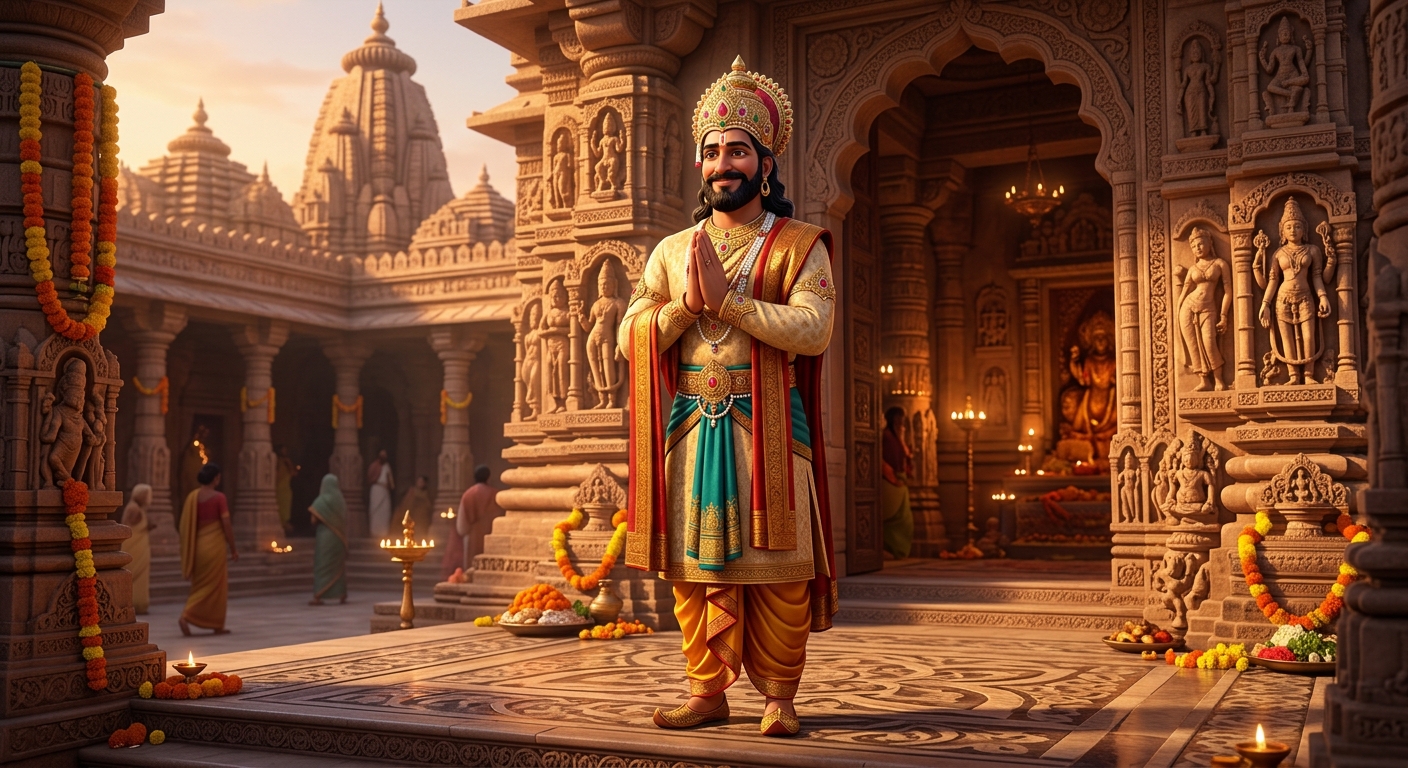 [AI Prompt: Medium shot, King Vikramaditya standing tall with hands folded politely, smiling with calm sovereign poise]