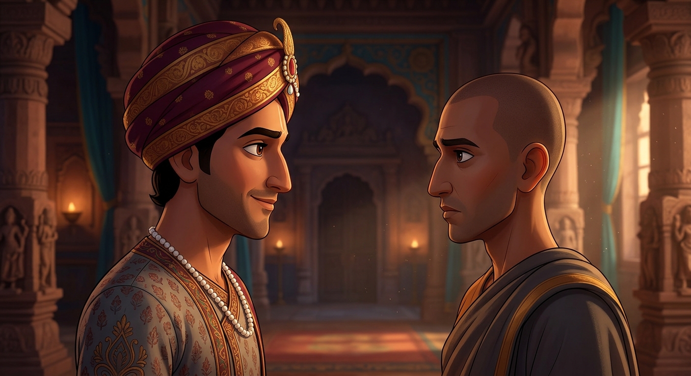 [AI Prompt: Close-up of Vikramaditya looking politely into Shantisheel's eyes with disguised cunning]