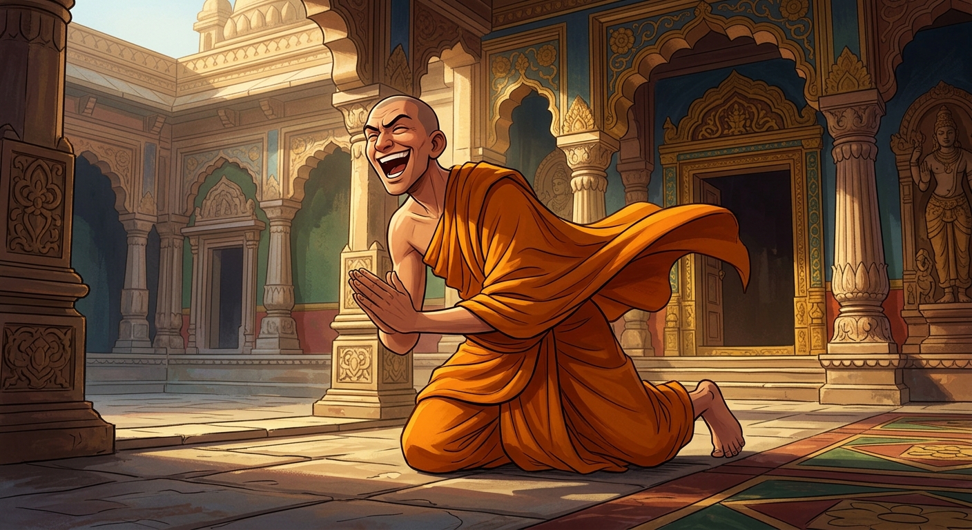 [AI Prompt: Medium shot, arrogant monk Shantisheel laughing in foolish pride, dropping to his knees to demonstrate the prostration]