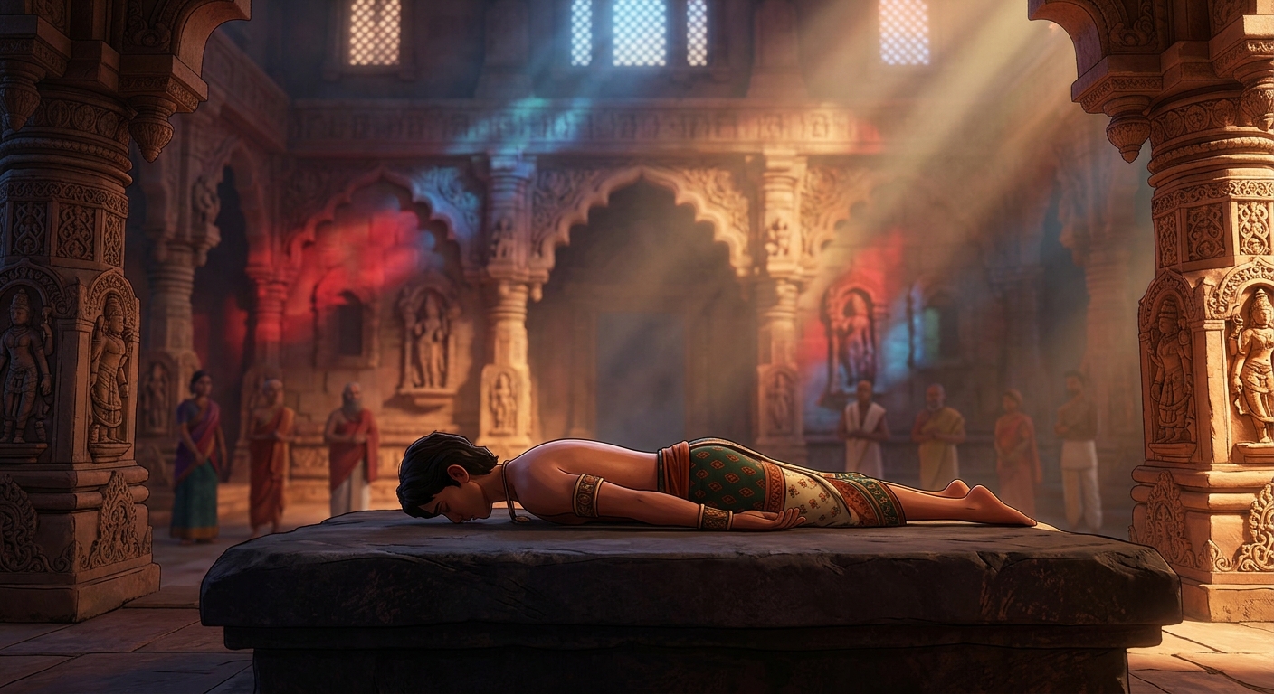 [AI Prompt: Low angle shot, Shantisheel lying completely flat on his stomach on the cold sacrificial stone, his neck completely exposed and vulnerable]
