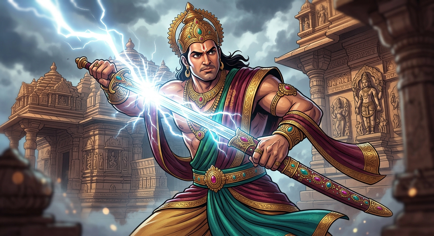 [AI Prompt: Dynamic action close-up, King Vikramaditya unsheathing his legendary celestial sword Chandrahasa in a flash of blinding celestial lightning]
