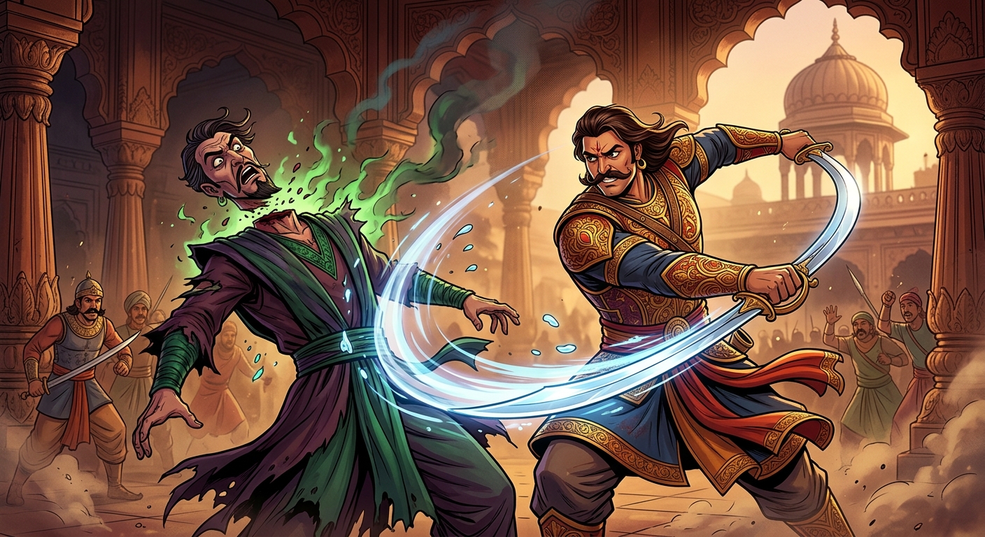 [AI Prompt: Epic action panel, King Vikramaditya executing a thunderous sweeping sword strike, severing the evil sorcerer's head from his neck in mid-motion]