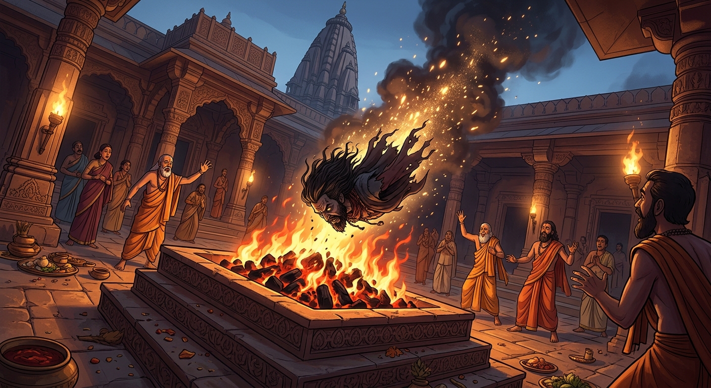 [AI Prompt: Dynamic shot, the severed head of the sorcerer falling into the sacrificial fire pit, dark occult smoke dissolving into pure golden sparks]