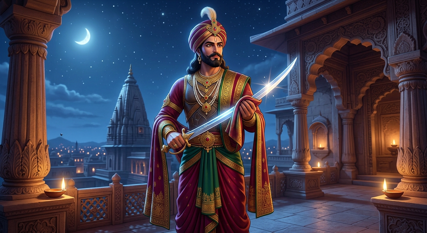 [AI Prompt: Majestic low angle shot, Emperor Vikramaditya standing tall and glorious, wiping his radiant blade with supreme composure in the peaceful midnight air]