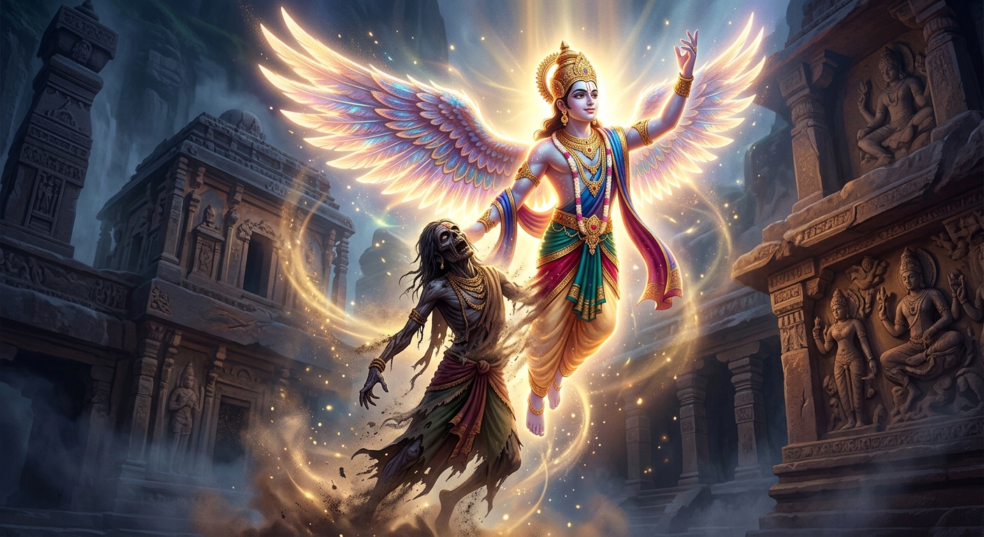 [AI Prompt: Mystical panel, Betal transforming from a corpse into a radiant, beautiful, winged celestial Vidyadhara deity glowing with golden light]