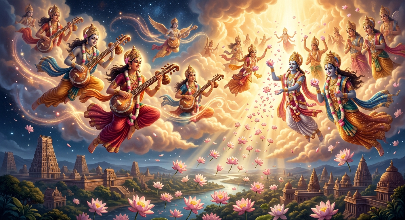 [AI Prompt: Grand cosmic shot, heavens opening with golden light, celestial Gandharvas playing divine veenas, Devas showering fragrant Parijata lotuses]