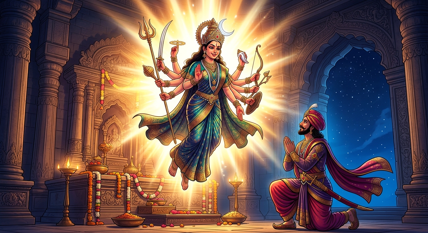 [AI Prompt: Magnificent cosmic panel, Goddess Chandi (Mahakali) manifesting in blinding celestial radiance above the altar, crowned with crescent moon, smiling upon Vikramaditya]
