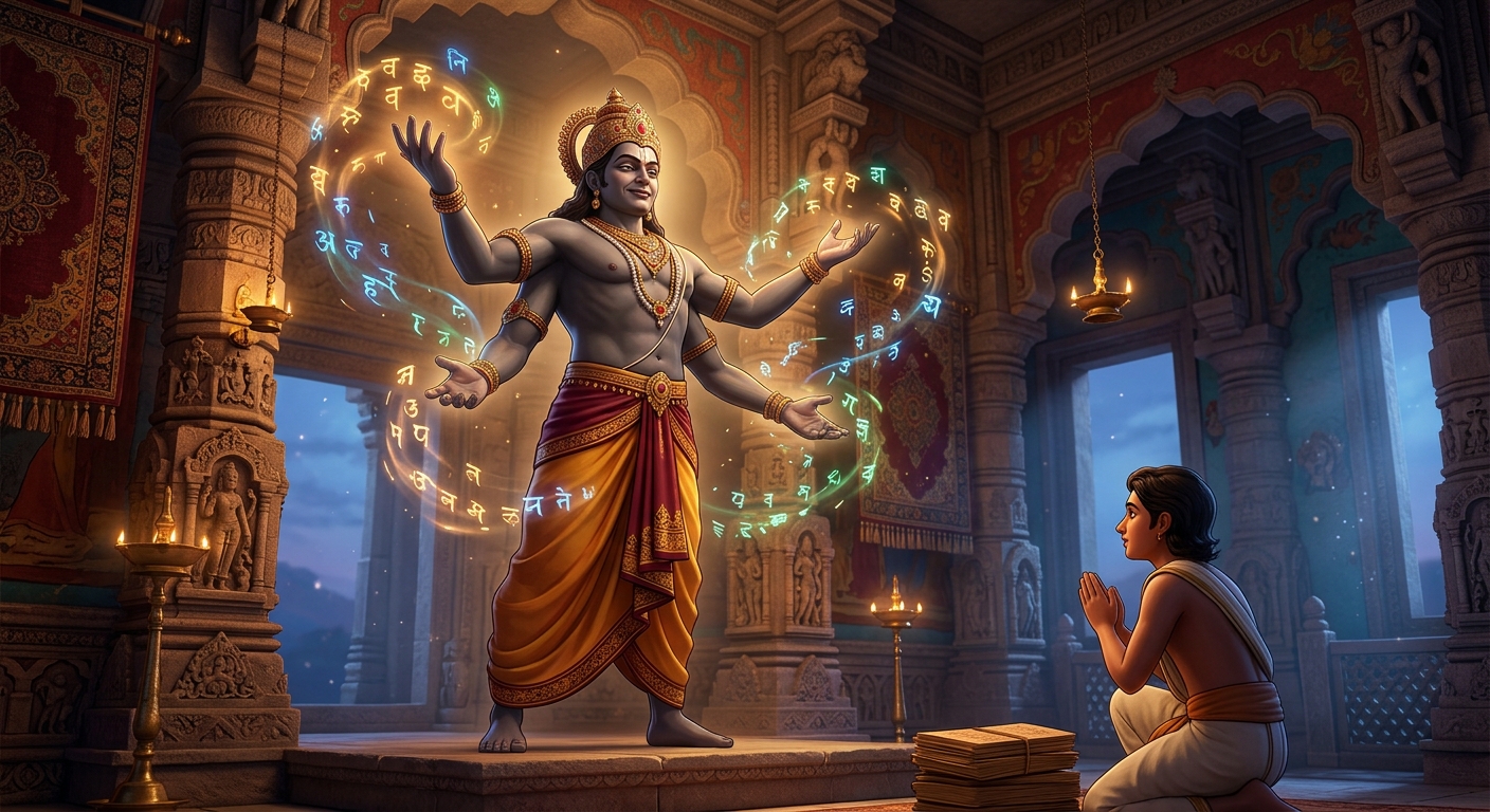 [AI Prompt: Medium shot, Betal granting the eternal literary boon with raised hands, magical glowing Sanskrit runes floating in the air]