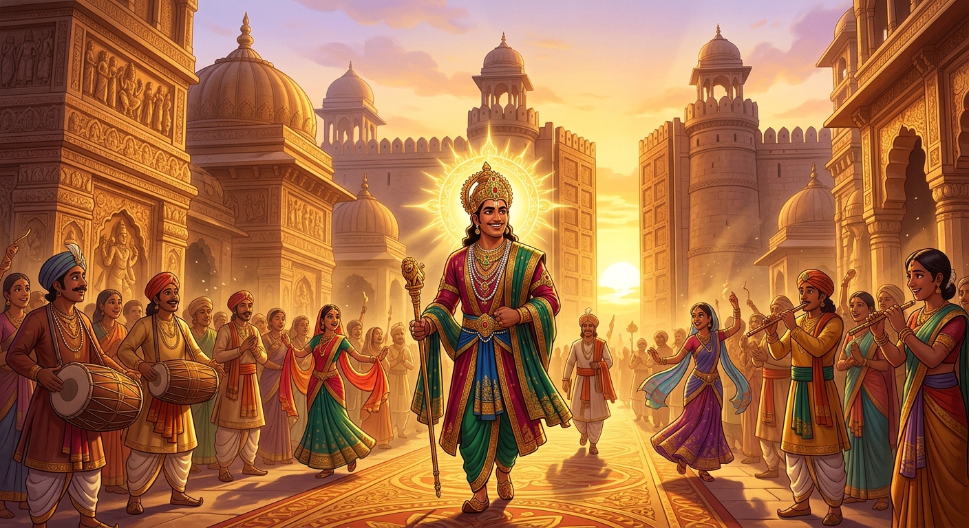 [AI Prompt: Wide triumphant morning shot, Emperor Vikramaditya crowned with golden halo of victory walking toward the sunrise gates of golden Ujjayini, joy and light flooding the world]