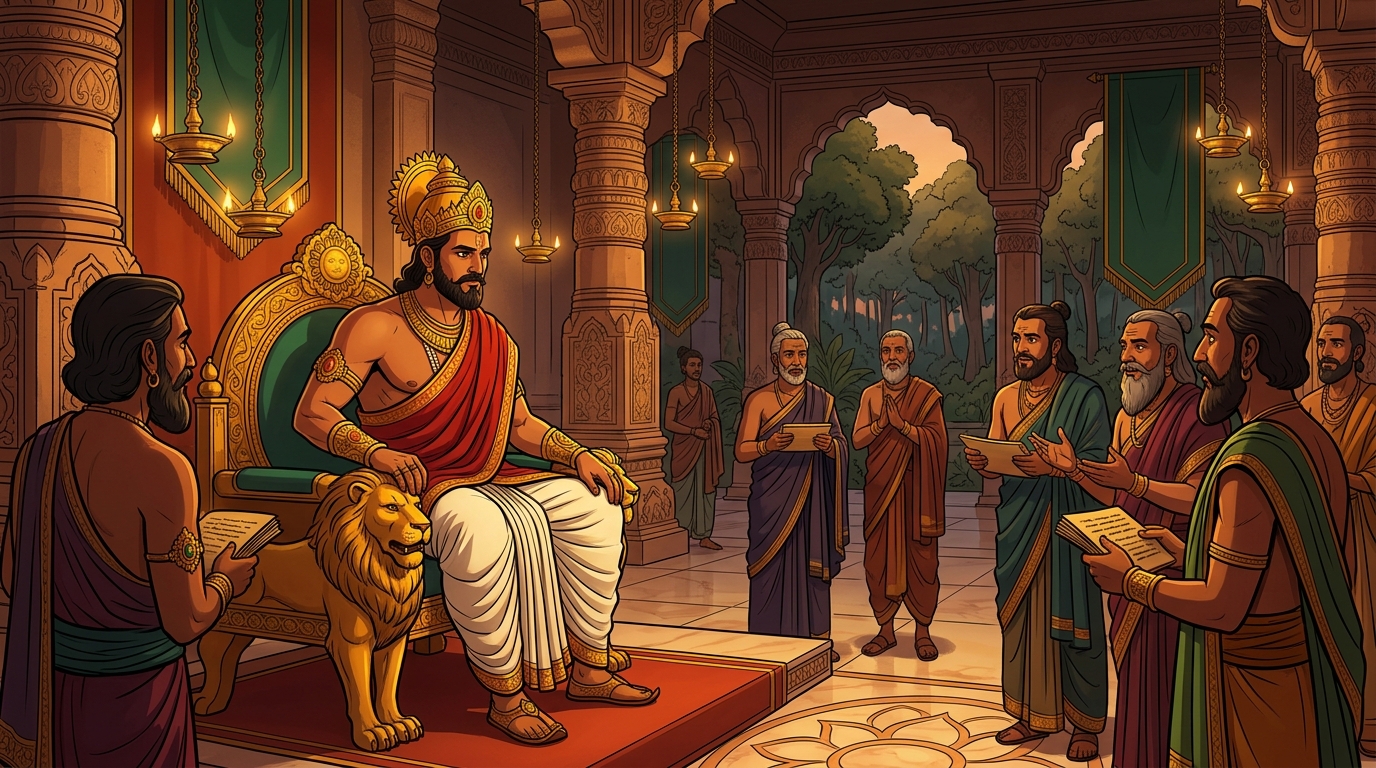 King Rajahamsa seated upon his golden lion throne surrounded by wise ministers in Vedic silk robes